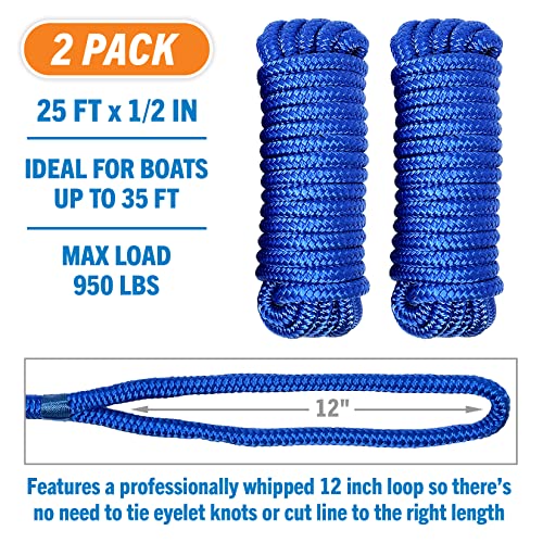 Image of Dock Lines for Boats 1 /2 inch x 25ft, 2 Pack Double Braided Nylon Boat Rope