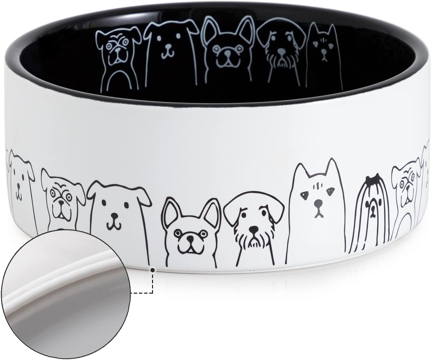 FE FUN ELEMENTSDog Bowls, Non-Slip Ceramic Dog Food Water Bowls for Medium Large Dogs, 64 Fl Oz Black Dog Bowl Dog Dish with Adorable Patterns