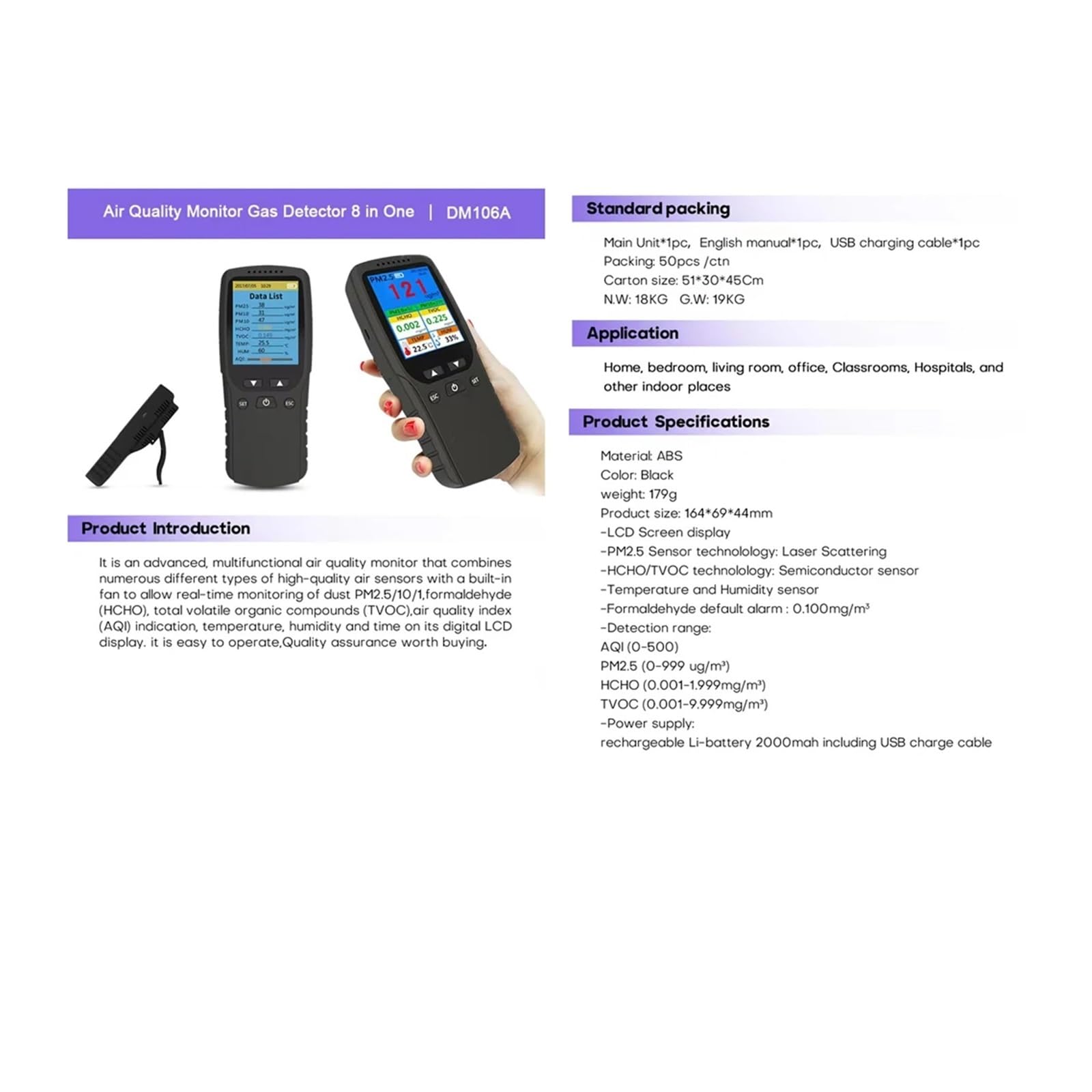 Detector portátil de PM2.5 for interiores, termohigrómetro multifuncional, detector de aire digital LCD for el hogar, analizador intelinte de calidad del aire Alta sensibilidad, respuesta rápida