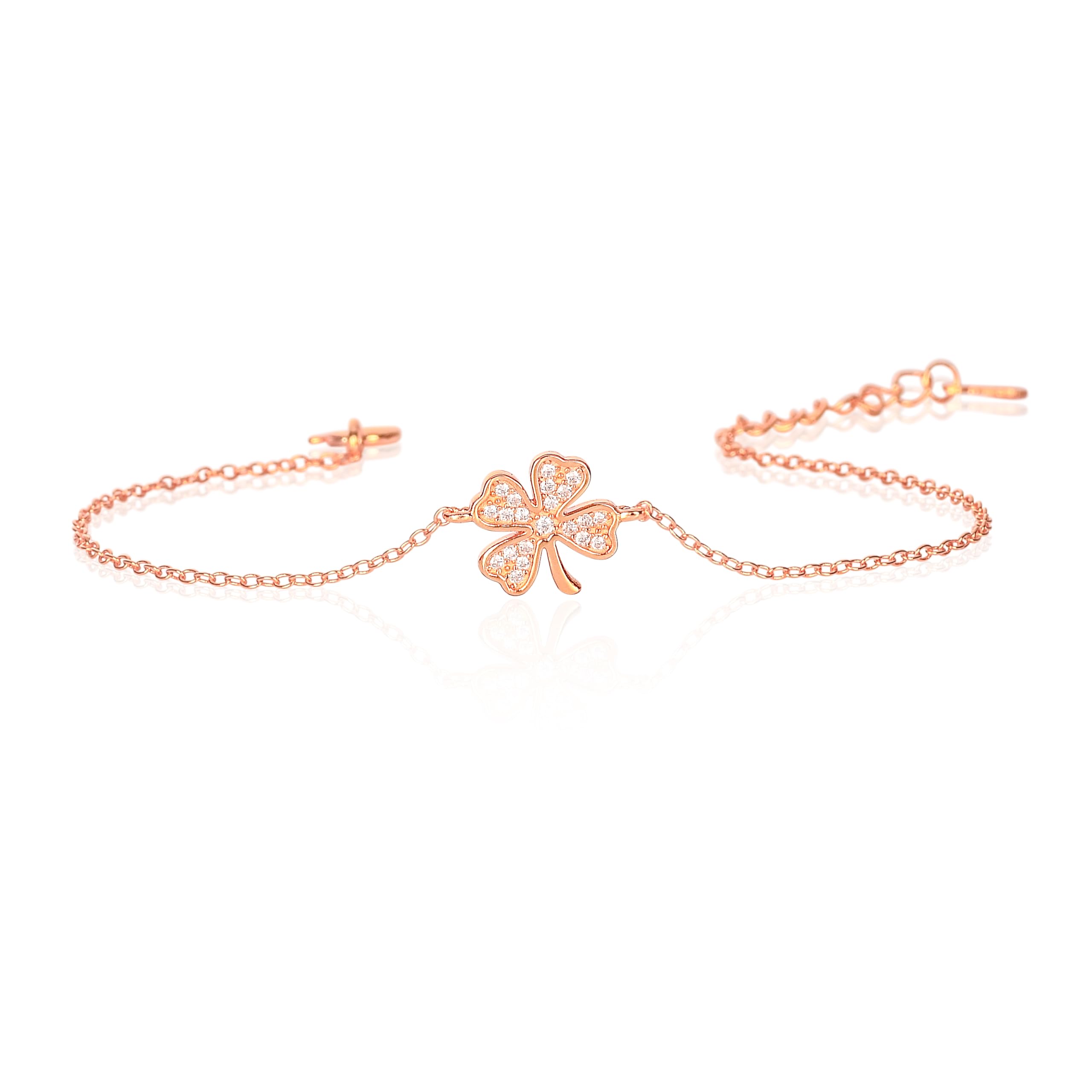 Diamond Treats Delicada pulsera de cuatro hojas en plata de ley 925 para mujeres y adolescentes, plata, oro amarillo u oro rosa, pulsera de trébol de 4 hojas con brillantes circonitas cúbicas
