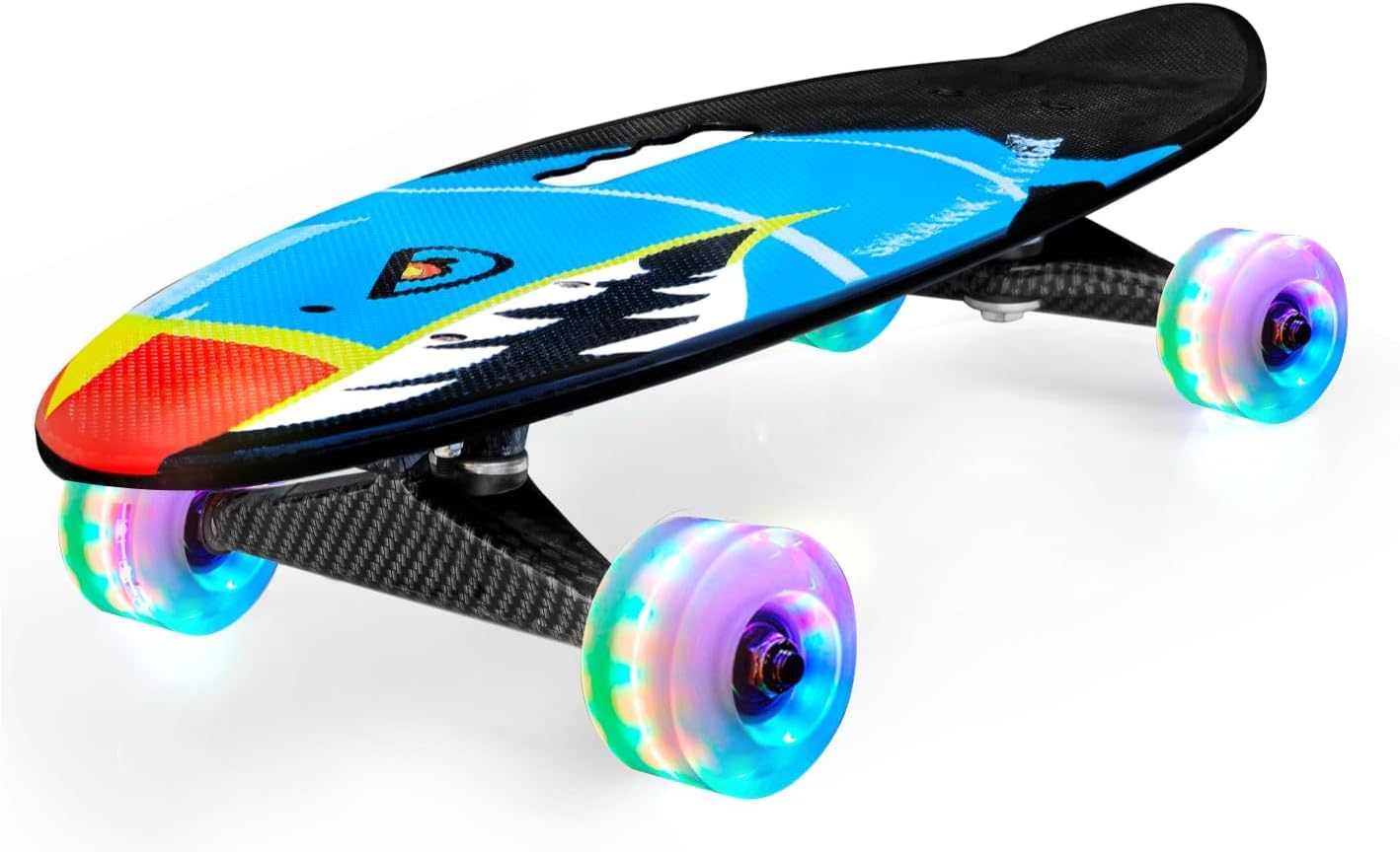 Jaspo Penny Shark Ride Fiber Skateboard 25.5"X7" with Led Lights Wheels - Beginner-Friendly Skate Toy for Ages Above 10 Years - Black