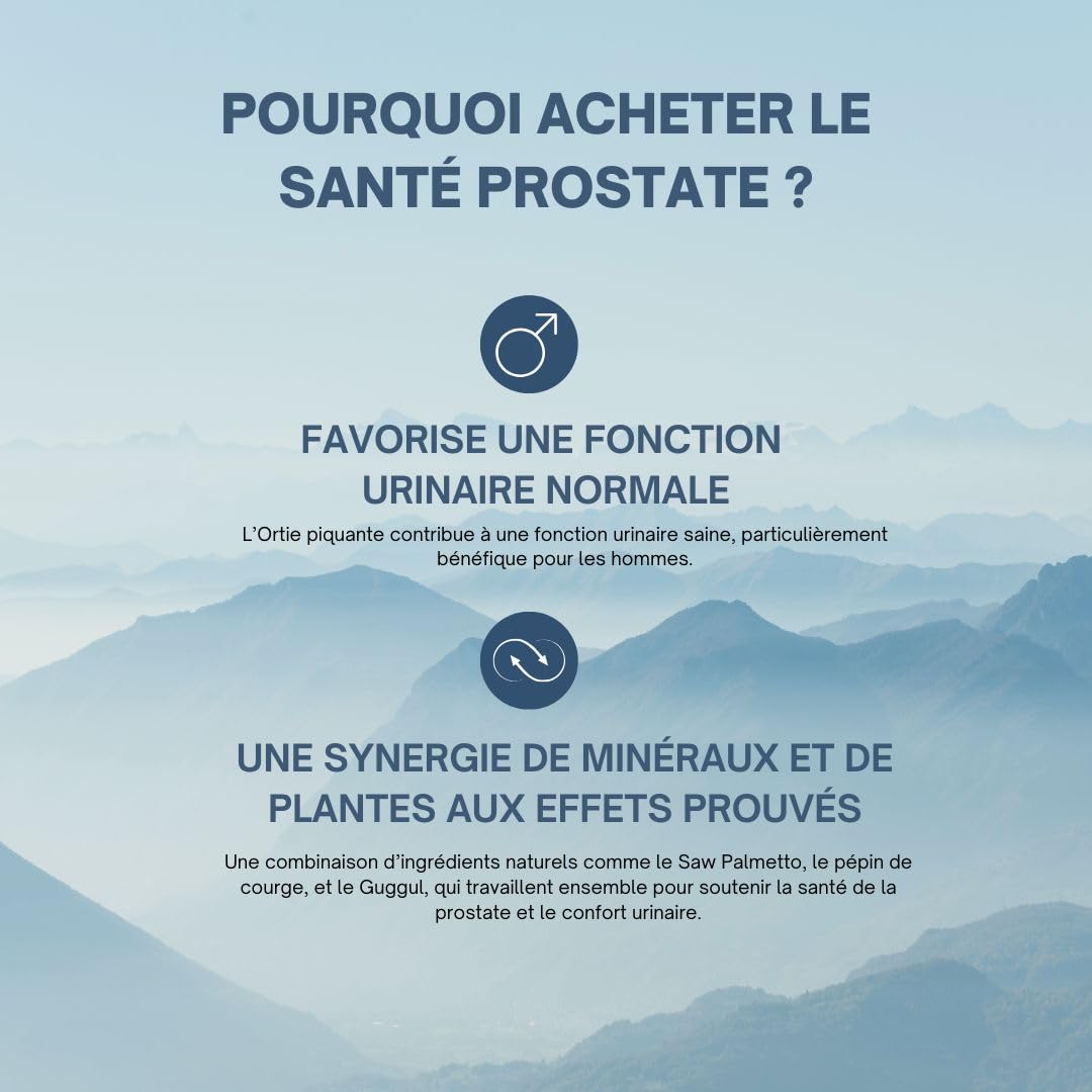 Formule Prostate et Confort urinaire - Contribue au bon fonctionnement de la prostate - Ortie, Palmier nain, Prunier d'Afrique, Extrait de Courge, Zinc - 100% Naturel - 60 gélules vegan.