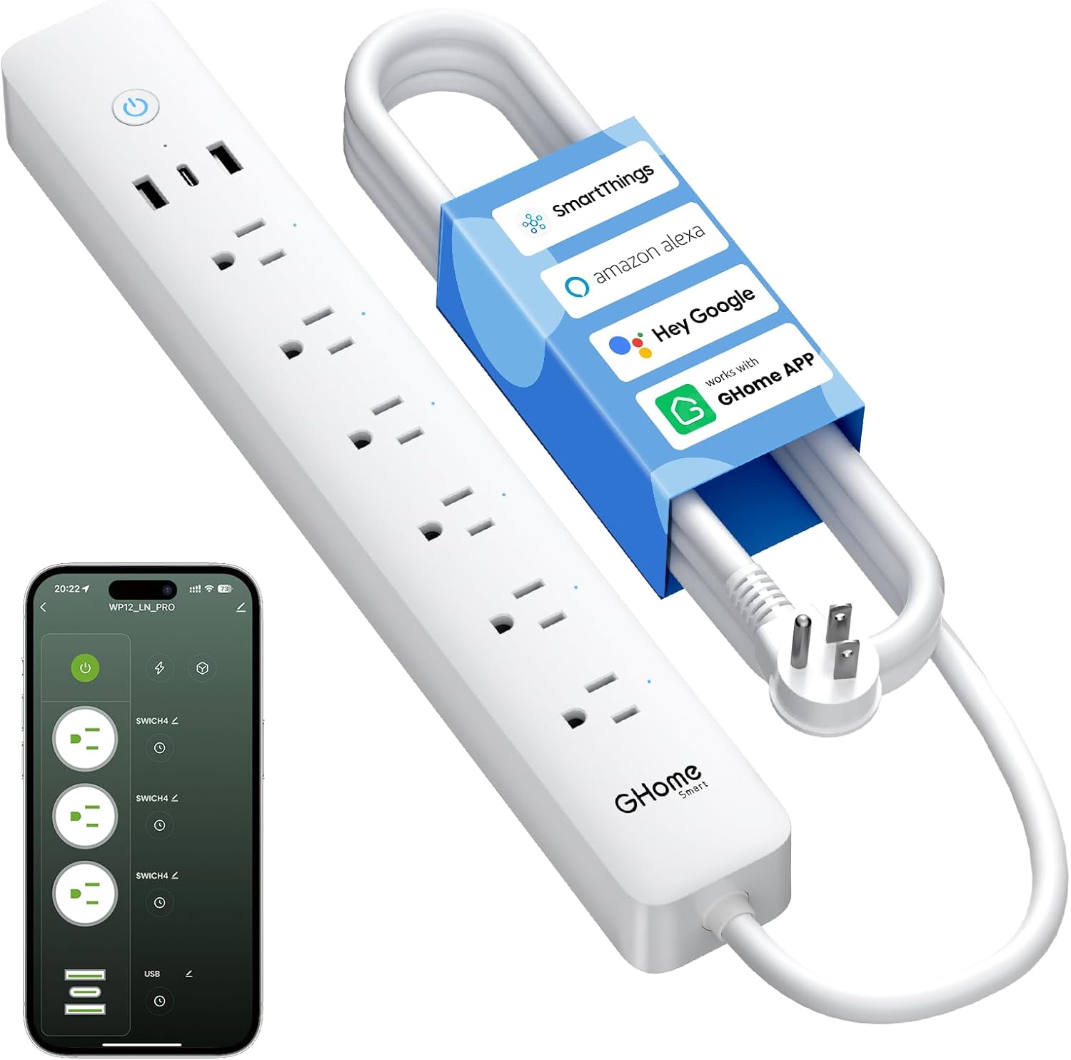 GHome Smart Power Strip, WiFi Surge Protector with 6 Individually Controlled Outlets, 3 USB Ports, Compatible with Alexa & Google Home
