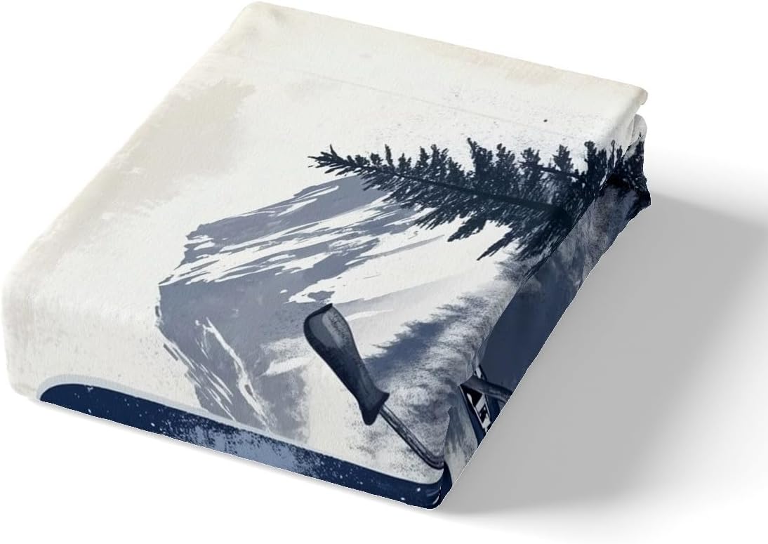 Skiing Duvet Cover Queen Size,Winter Extreme Sports Navy Ski Pole Snowboard Bedding Set 3 Pcs for Teens Adults,Natural Ski Slope Mount Pine Trees Comforter Cover(No Filler)