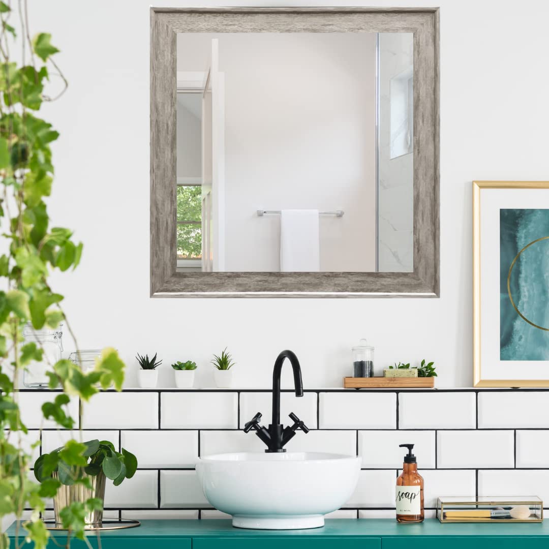 Raphael Rozen , Elegant, Modern, Classic, Vintage, Rustic, Hanging Framed Wall Mounted Mirror, Distressed Wood Like Finish, Gray - White Color 2 3/4" Inch Frame