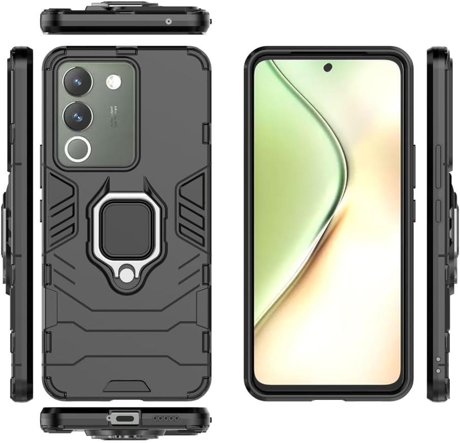 Cellular Phone Case for Vivo Y200 5G, Magnetic Car Mount Compatible, Protective TPU Cover with 360 Degree Rotating Ring Kickstand, Black