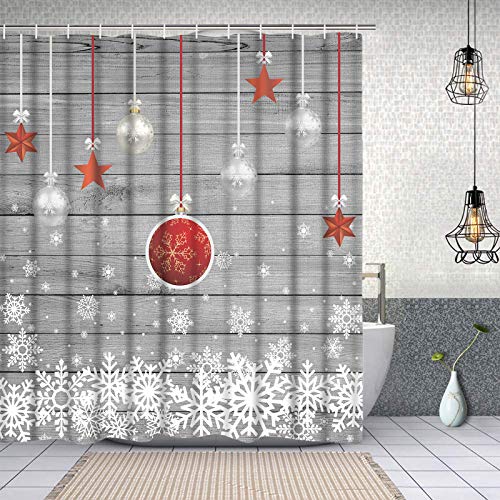 Ikfashoni 4 Pcs Christmas Shower Curtains Set With Non-Slip Rugs, Toilet Lid Cover And Bath Mat, Xmas Snowflake Stars Shower Curtain With 12 Hooks, Grey Vintage Wooden Xmas Shower Curtain For Bathroom #TOP1