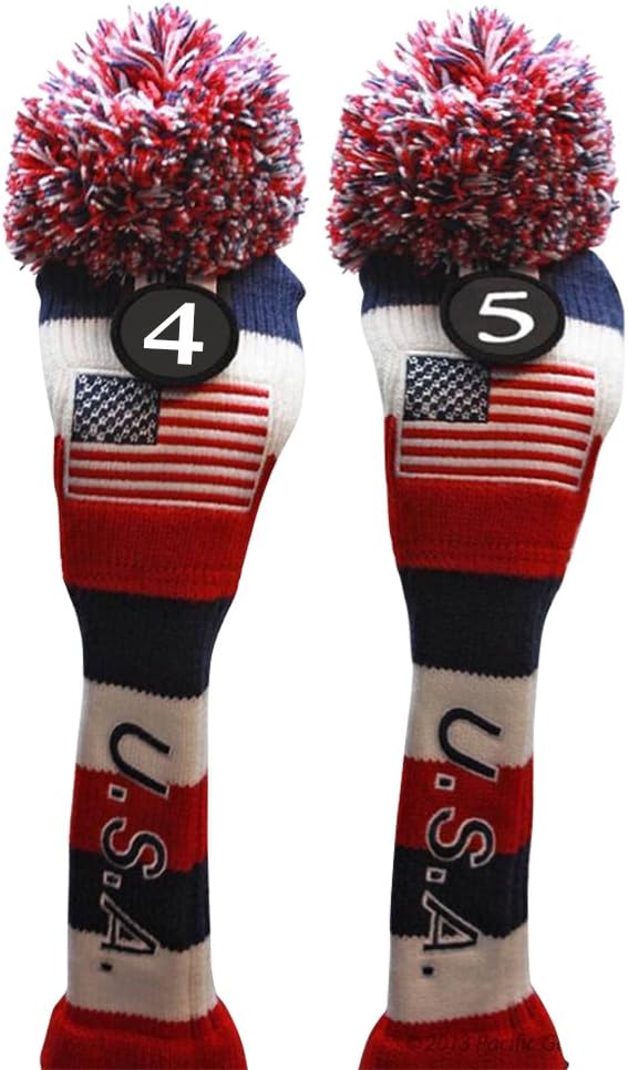 USA Majek Golf #4 & 5 Hybrid Headcovers Pom Pom Knit Limited Edition Vintage Classic Traditional Flag Stars Red White Blue Stripes Retro Head Cover