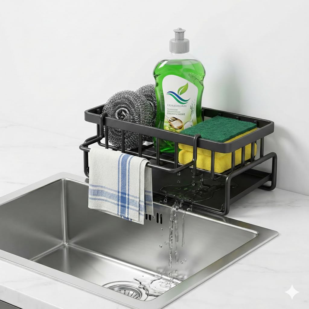 Metal Sink Organizer & Sponge Holder for Kitchen Sink | Rust-Resistant Black Sink Caddy with Auto-Draining Tray, Soap Holder & Towel Bar | Space-Saving Countertop Rack (Black, 27.2×15.6×11.2 cm)
