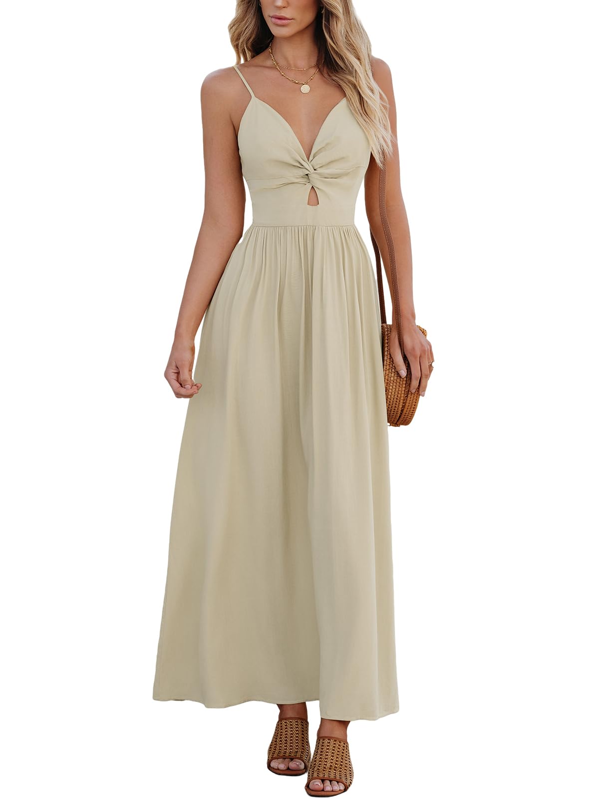 CUPSHE Women's Summer Dress, V-Neck, Twist Front, Boho Strappy Casual Camisole Dress, for Beach, Party, beige