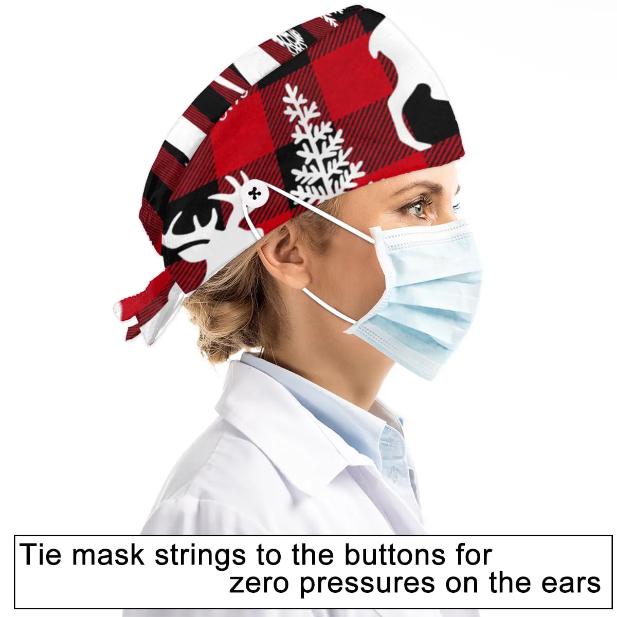 Mularoka Mesh Snowflake Elk Working Caps with Button Sweatband Comfortable Adjustable Bouffant Hats Work Hat for Women Men