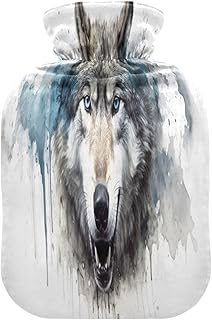 Wajiw Hot Water Bottle with Cover 1L Warm Water Bottle for Hot and Cold Compress Hot and Cold Therapies,Hand Feet Warmer,Wolf