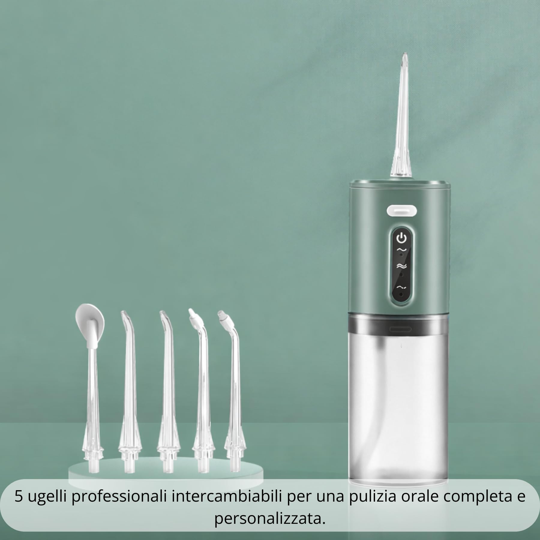 Irrigatore Orale Professionale Senza Fili per Casa e Viaggio – Idropulsore Dentale Portatile ad Acqua Ricaricabile Impermeabile IPX7 con 5 Ugelli Intercambiabili - Verde