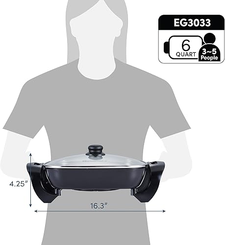 Miniatura 10 de Elite Gourmet EG3033 - Sartén eléctrica saludable de cerámica saludable de 12 x 12 x 2.35 pulgadas con revestimiento de titanio, resistente a los