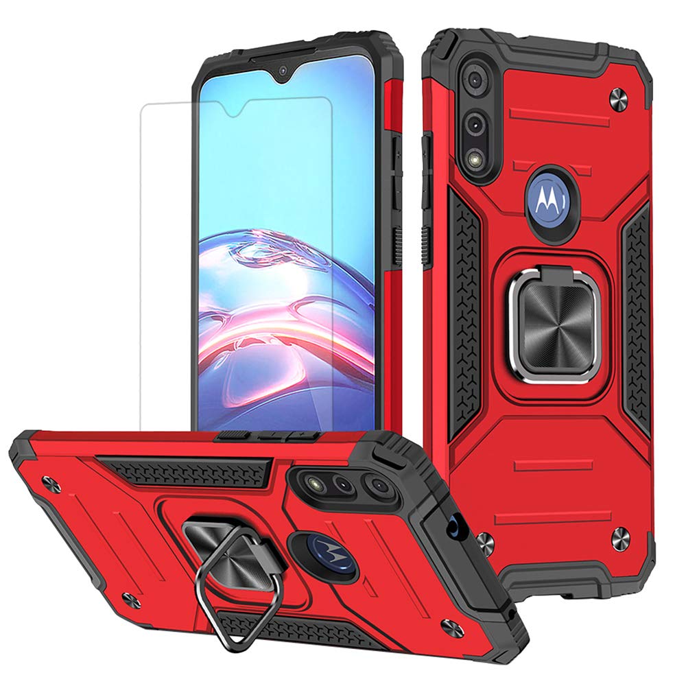 HNHYGETE for Moto E Phone Case, Motorola E Case, with HD Screen Protector, Shockproof Tough Rugged Hard Rubber Bumper with 360 Rotation Ring Kickstand