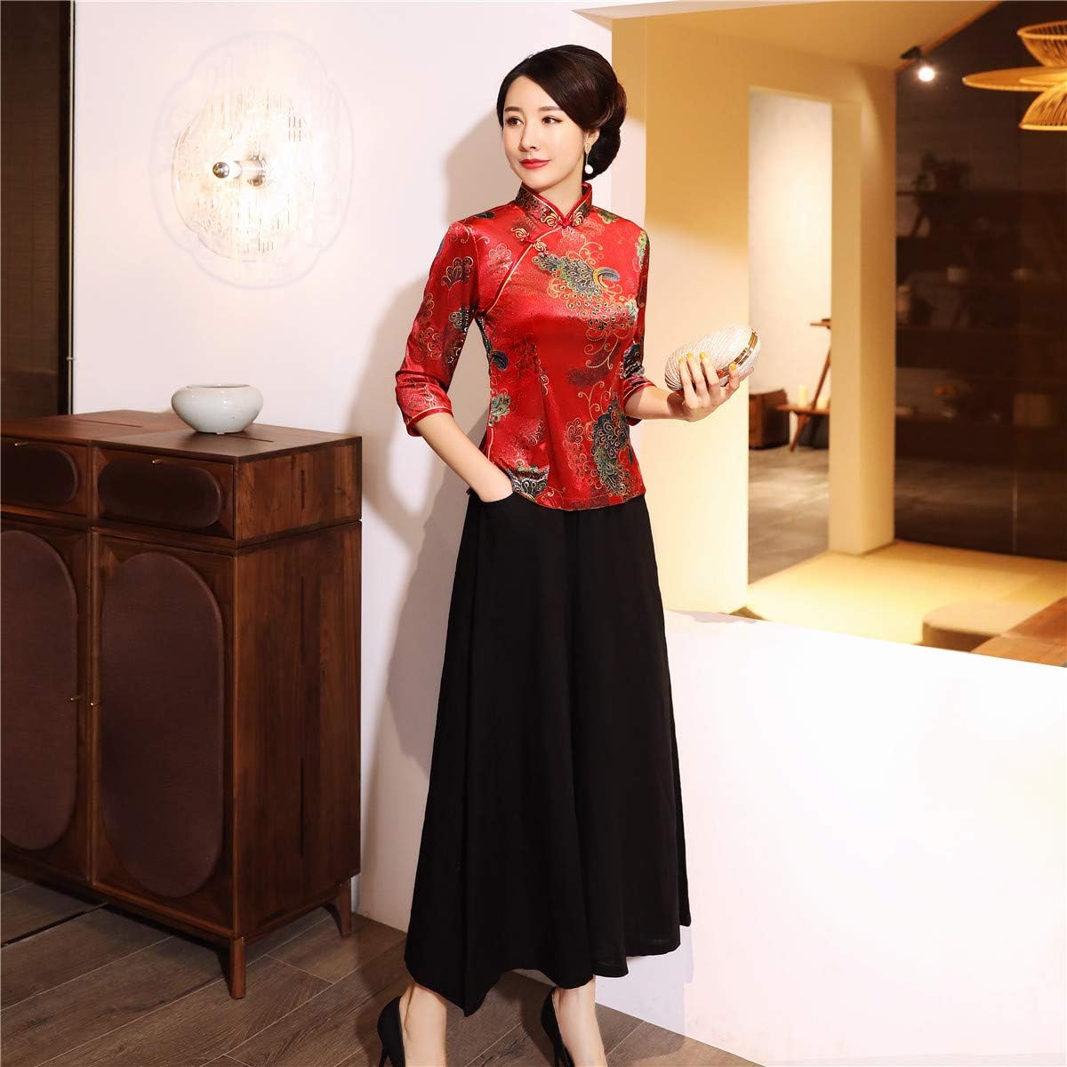 Shanghai Story Chinese Cheongsam Shirt 3/4 Sleeve Velvet Chinese Blouse for Women - Image 8