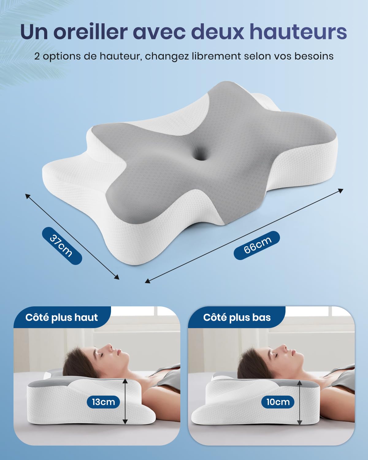 DONAMA Oreiller Cervical Ergonomique Mémoire de Forme, Soutien du Cou, 66x37x13 cm, Gris Blanc