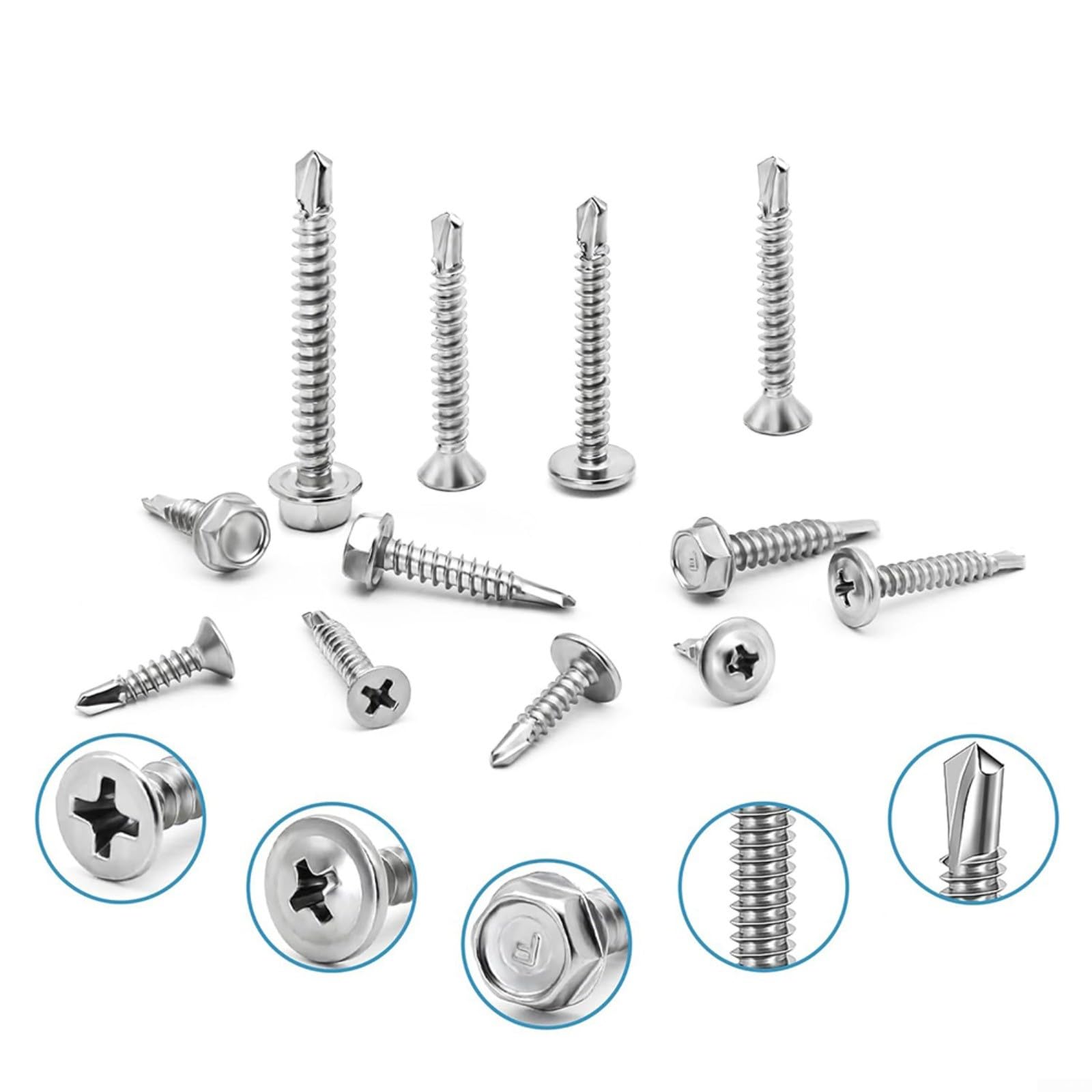 425 pezzi Set di viti autoperforanti in acciaio inox 410, testa esagonale e svasata per metallo, legno, plastica, argento