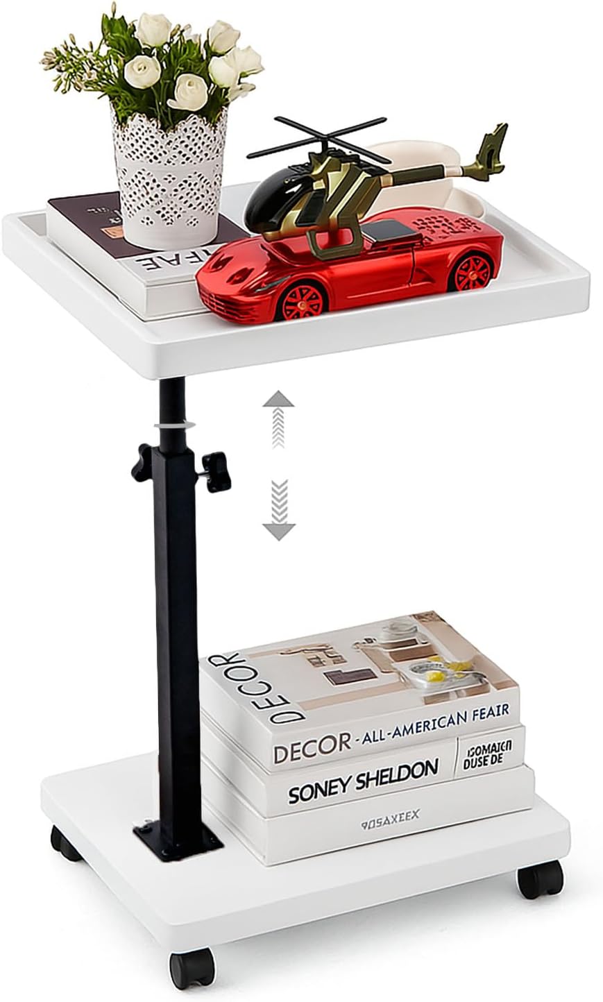 C Table End Table Adjustable Height,C Shaped End for Couch，Snack Tables,360°Swivel TV Tray Sofa Table,Tables that Slide Under,Coffee SideTable for Bed,Chair,Bath-tub (White Grain Color)