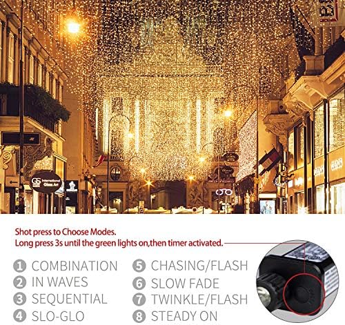 TOFU Icicle Outdoor Christmas Lights - 400LEDs 10m Christmas Decorations Fairy Lights with 8 Lighting Modes/Xmas Mains Powered Waterproof String Lights for Garden Patio Eave Roof Wall (Warm White)