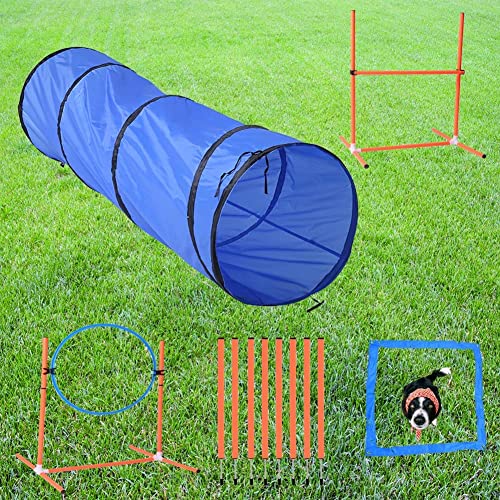 Dog Agility Training Equipment Set,Beginner Obstacle Course Backyard For Dogs Pet Outdoor Games - Dog Tunnel,Agility Jumps,Jumping Ring,Pause Box ,8 Piece Weave Poles #TOP11