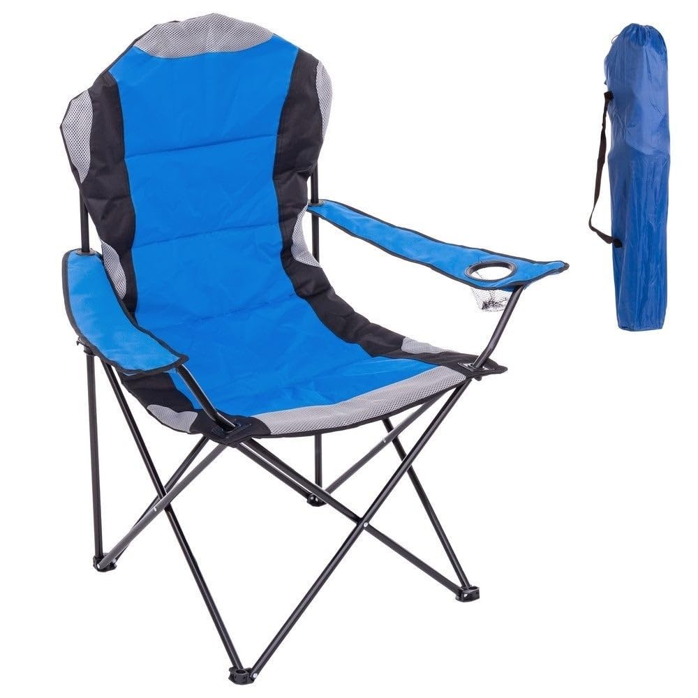 Silla Playa Camping Pesca y Caza Acolchada Plegable Cierre Tijera Estructura Acero con Epoxi anticorrosión y Tejido Oxford Azul, portavasos y Bolsa de Transporte
