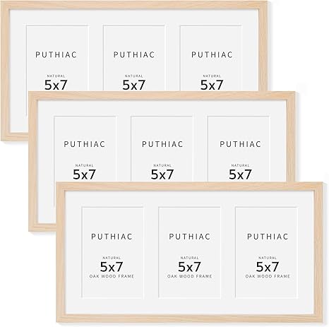 9x18 Oak Wood Picture Frame - 9x18 Photo Frame with Mat Display 3Pcs 5x7 Photos, 5x7 Picture Frame Wood, Natural Solid Wooden Picture Frames for Wall Art Photo and Prints(3 Pack, Beige)