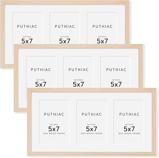 9x18 Oak Wood Picture Frame - 9x18 Photo Frame with Mat Display 3Pcs 5x7 Photos, 5x7 Picture Frame Wood, Natural Solid Wooden Picture Frames for Wall Art Photo and Prints(3 Pack, Beige)