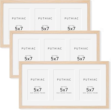 9x18 Oak Wood Picture Frame - 9x18 Photo Frame with Mat Display 3Pcs 5x7 Photos, 5x7 Picture Frame Wood, Natural Solid Wooden Picture Frames for Wall Art Photo and Prints(3 Pack, Beige)