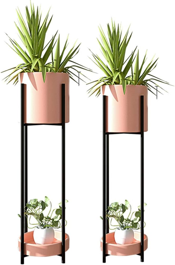 Metal Flower Rack Indoor/Outdoor 2-Tier Plant Rack Garden Patio Decoration Iron Display Shelf Corner Herb Floor Stand-Pink(S+L)
