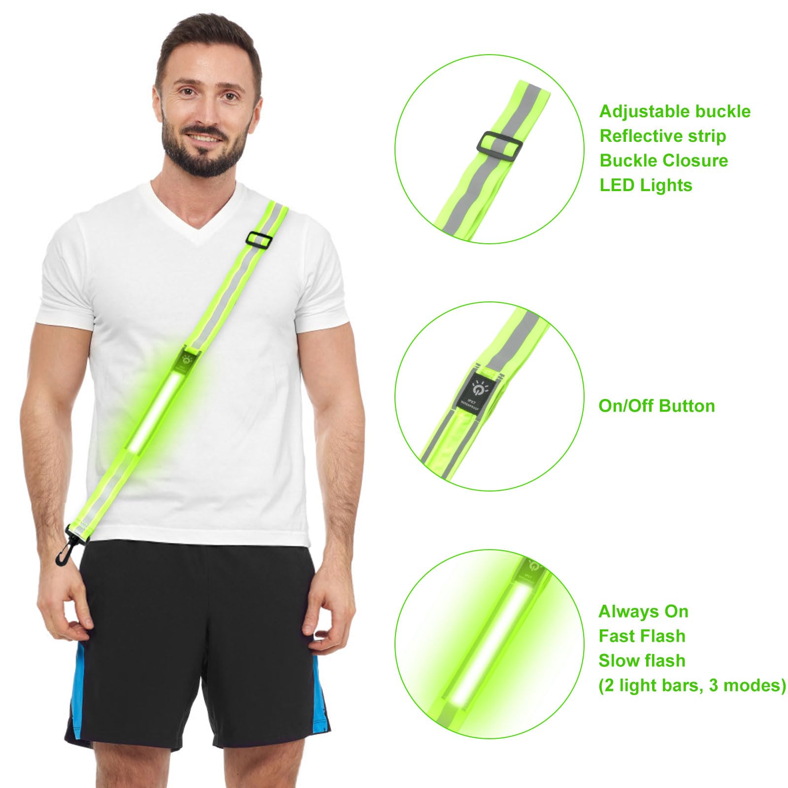 DAWRIS Cintura riflettente a LED, luci di sicurezza per camminatori notturni, alta visibilità, attrezzatura da corsa riflettente per uomini, donne, bambini, passeggiate notturne