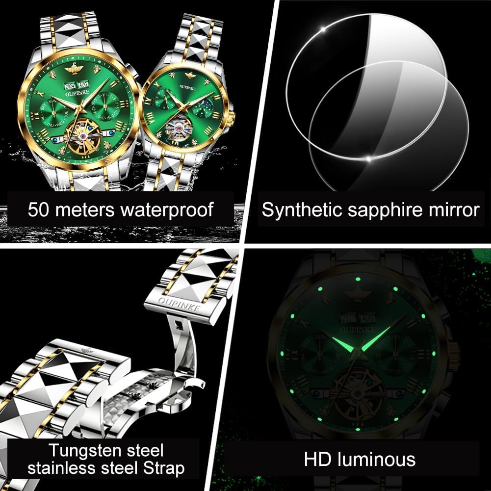 OLEVS Couple Pair Watches Set Automatic Mechanical Self Winding Dress Matching Watch for His and Hers Valentines Day Gifts