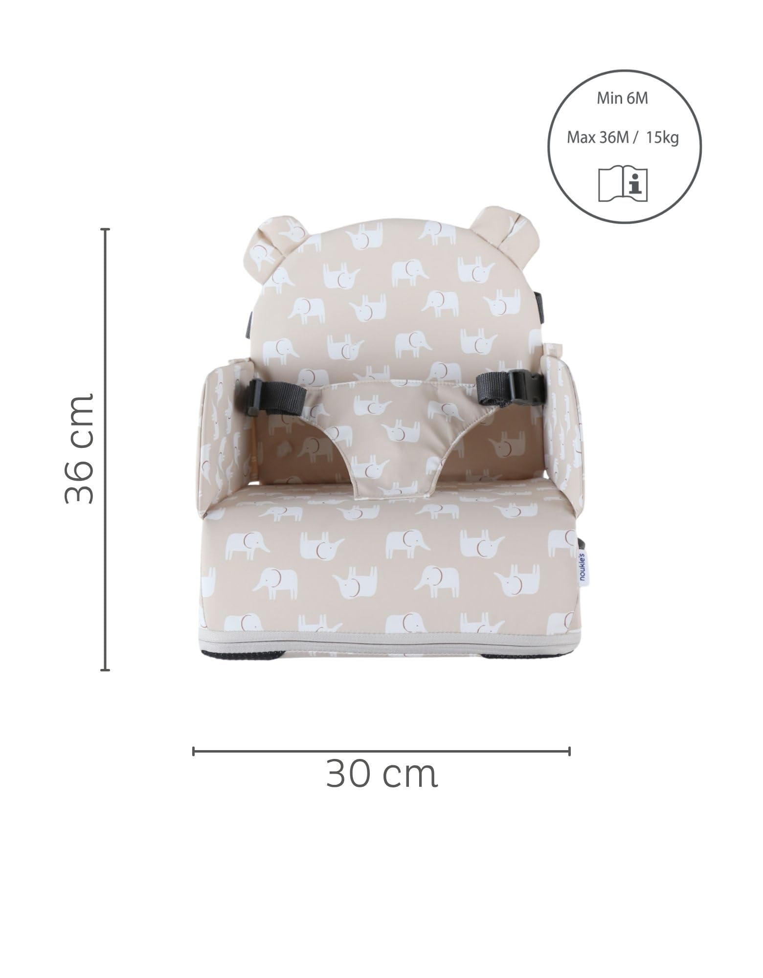 Noukie’s Rehausseur Chaise Bébé Ocre Girafes – Pliable, Nomade, Harnais Sécurité 9 Mois-3 Ans