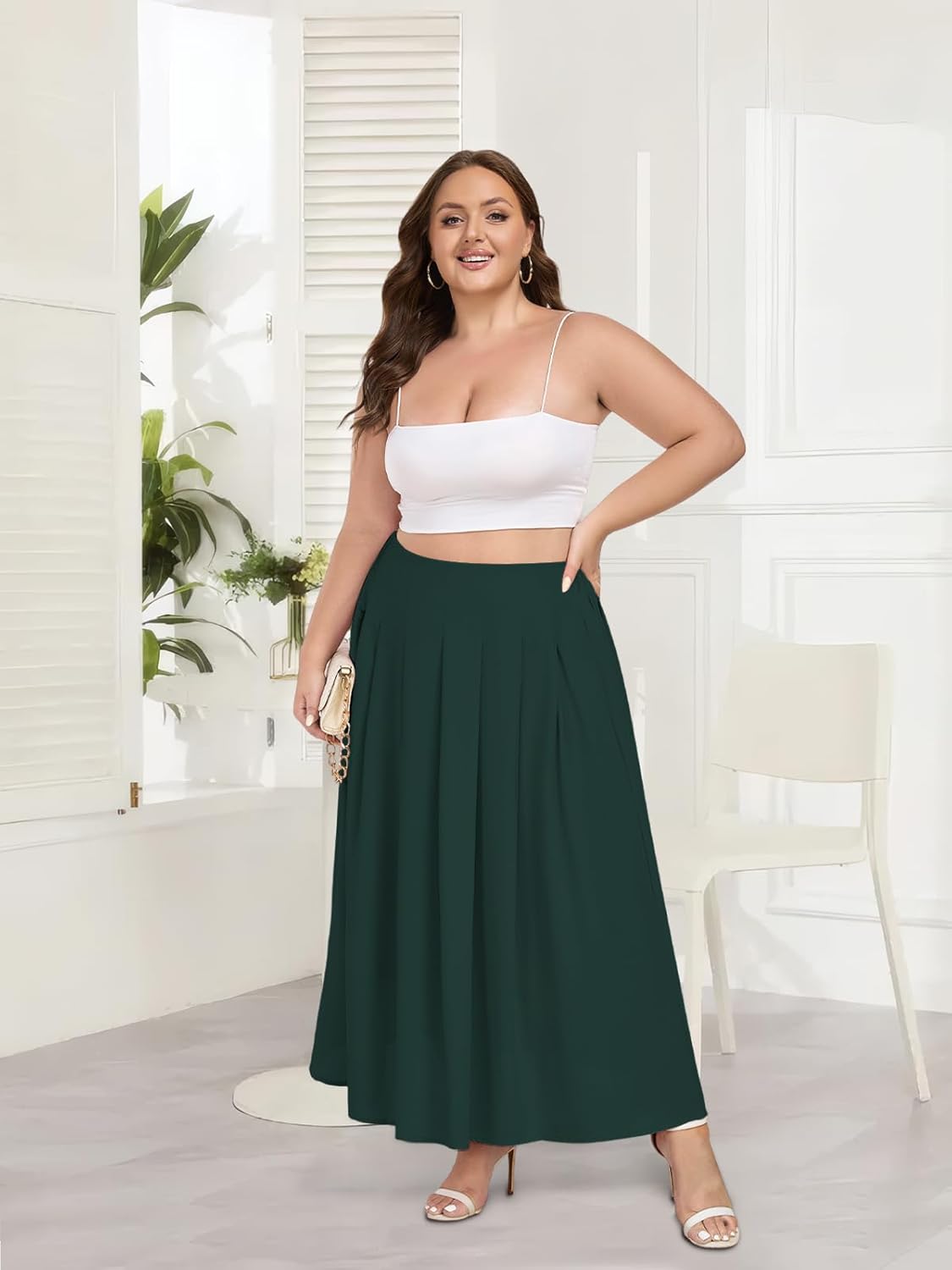 Moon Wood Women's Plus Size High Waist Elastic Long Maxi Skirt Flowy Pleated A-Line Casual Swing Summer Skirt with Pockets - Image 5