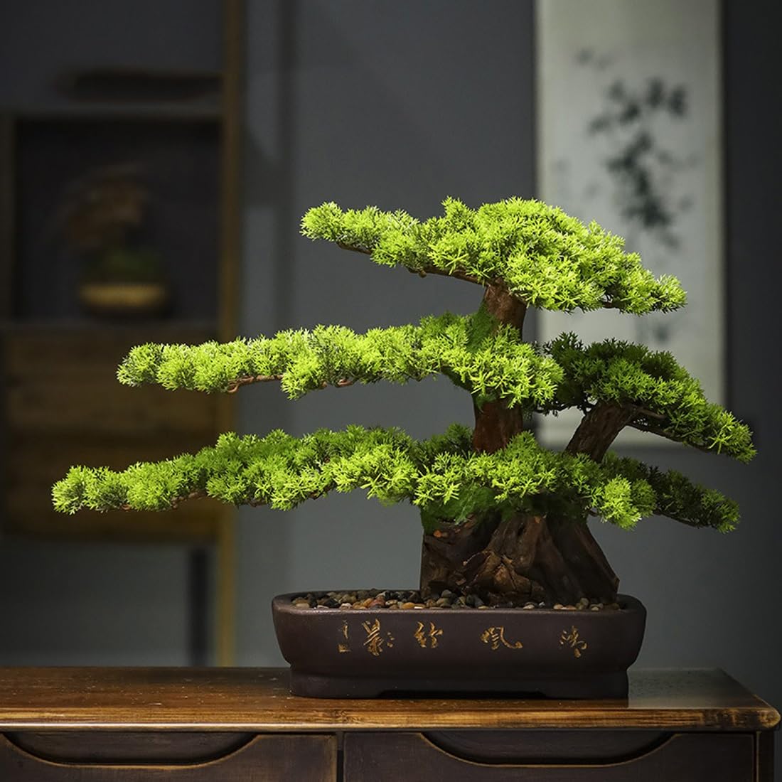 Árbol bonsái artificial, planta falsa de pino de imitación para decoración de jardín interior, ideal para decoración de escritorio del hogar u oficina