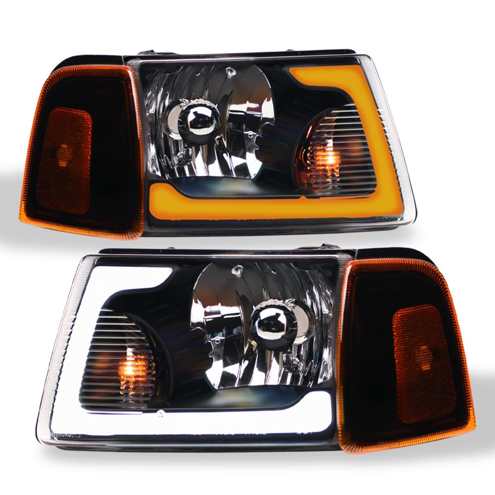 TLAPS 7422448582543 Compatible With 2001-2011 Ford Ranger Switchback Sequential LED Strip Bar Black Housing Headlights With Signal Corner Lamps Amber Reflector 4-Pieces Design