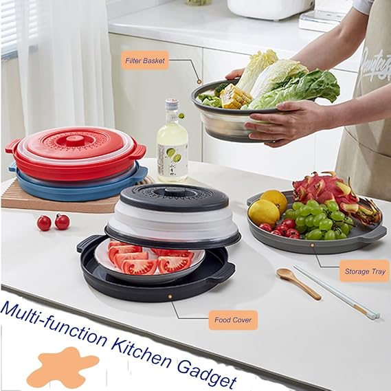 Microwave Splatter Cover with Anti-scald Base Mat, Vented Avoid Scalding Collapsible Guard Lid, Vegetable Fruit Colander Multi-function Kitchen Gadget, BPA Free, Dishwasher Safe