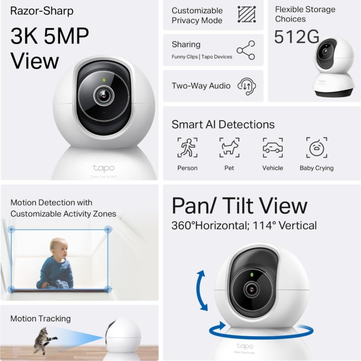 Tapo TC74 3K 5MP Pan/Tilt AI Home Security kamera Wi-Fi, wykrywanie sztucznej inteligencji, zwierzę, pojazd, płacz dziecka, śledzenie i wykrywanie ruchu, noktowizor, dwukierunkowy dźwięk audio i alarm