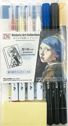 Kuretake ZIG, colección de arte histórico acuarela W/J.VERMEER set con 7 pinceles de acuarela, hoja preimpresa, papeles para principiantes