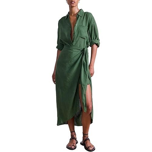 Yeokou Women Cotton Linen Wrap Shirt Maxi Dress Button Down Long Sleeve Lapel Asym Slit Hem Sundress