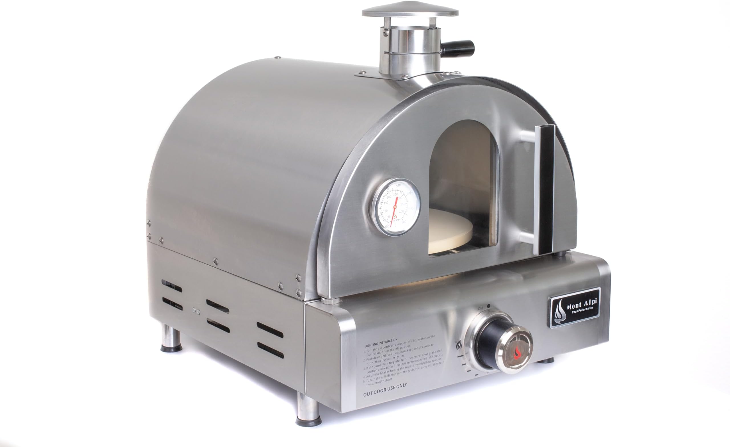 Mont Alpi 17"W x 18"D x 19"H Stainless Steel Premium Outdoor Kitchen Countertop Table Top Portable Propane Gas Pizza Oven with Grease Tray + 12" Pizza Stone - Great for Camping Backyard and Tailgating