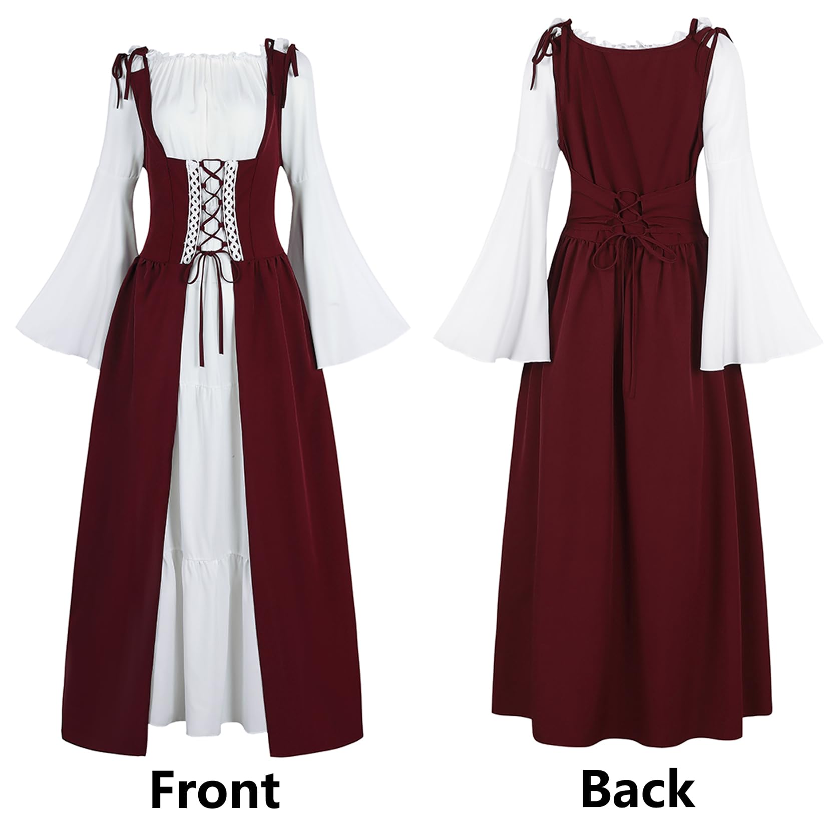 FOVER Ropa gótica para mujer, vestido medieval renacentista, mangas de trompeta, vintage, vestido de carnaval, disfraz de pirata, cosplay, traje con cabeza, cadena de flores, orejas de elfo,