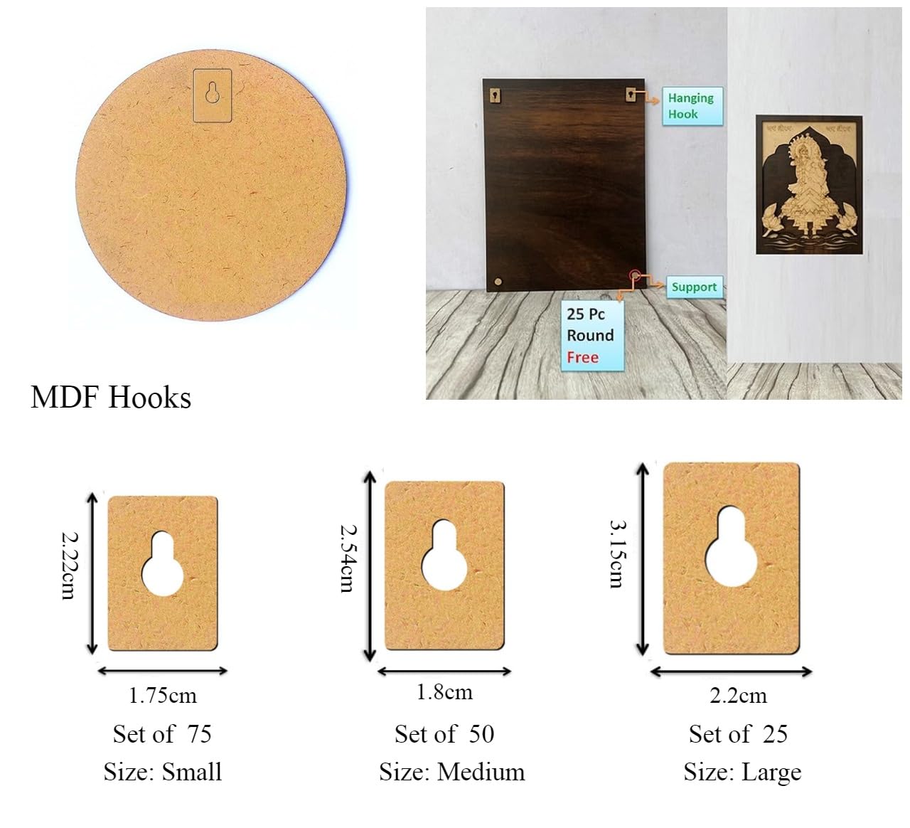 25 Pcs MDF Base Hooks for Hanging Art Boards - Self-Adhesive Wooden Photo Frame Hangers - Heavy Duty Mounting Hooks for Mandala, Resin & Decoupage Art - 5.5mm Thick DIY Wall Mounts — Amazon image 5