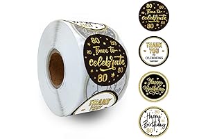 Birthday Thank You Stickers Rolls, REWIDPARTY 80th Birthday Round Adhesive Party Stickers