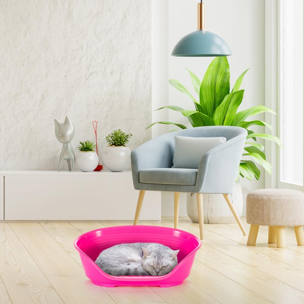 Ferplast Cat Bed, Plastic Dog Bed Small, Ventilation Holes and Non-Slip Rubber Feet for Added Stability 49 x 36 x h. 17.5 cm. Pink