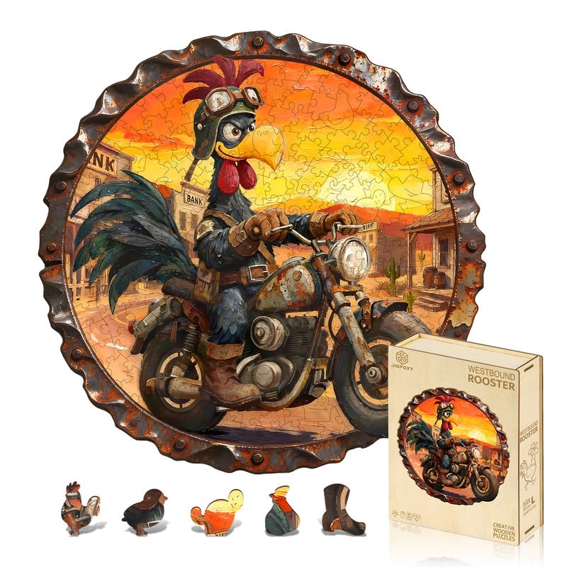 Jigfoxy Wooden Puzzles for Adults, 300-Piece The Westbound Rooster Jigsaw Puzzle, Unique Animal-Shaped Jigsaw Puzzle for Adults and Teens, Creative Gift with Premium Wooden Box,13.4 * 13.3in โ image 1