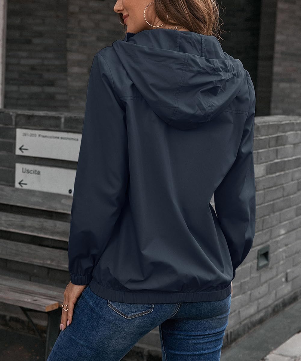 Women's Waterproof Lightweight Rain Jacket Outdoor Packable Hooded Windbreaker with Pockets