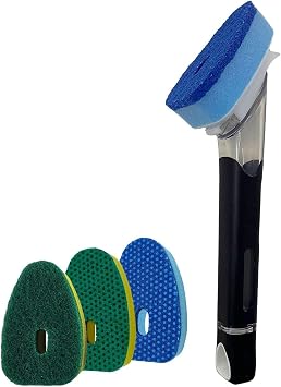 Smilyeez Soap Dispensing Dishwand Black with Ergonomic Handle and 4 No-Plastic Sponges - Effortless Cleaning and Long-Lasting Durability - Kitchen and Dishwashing Essential