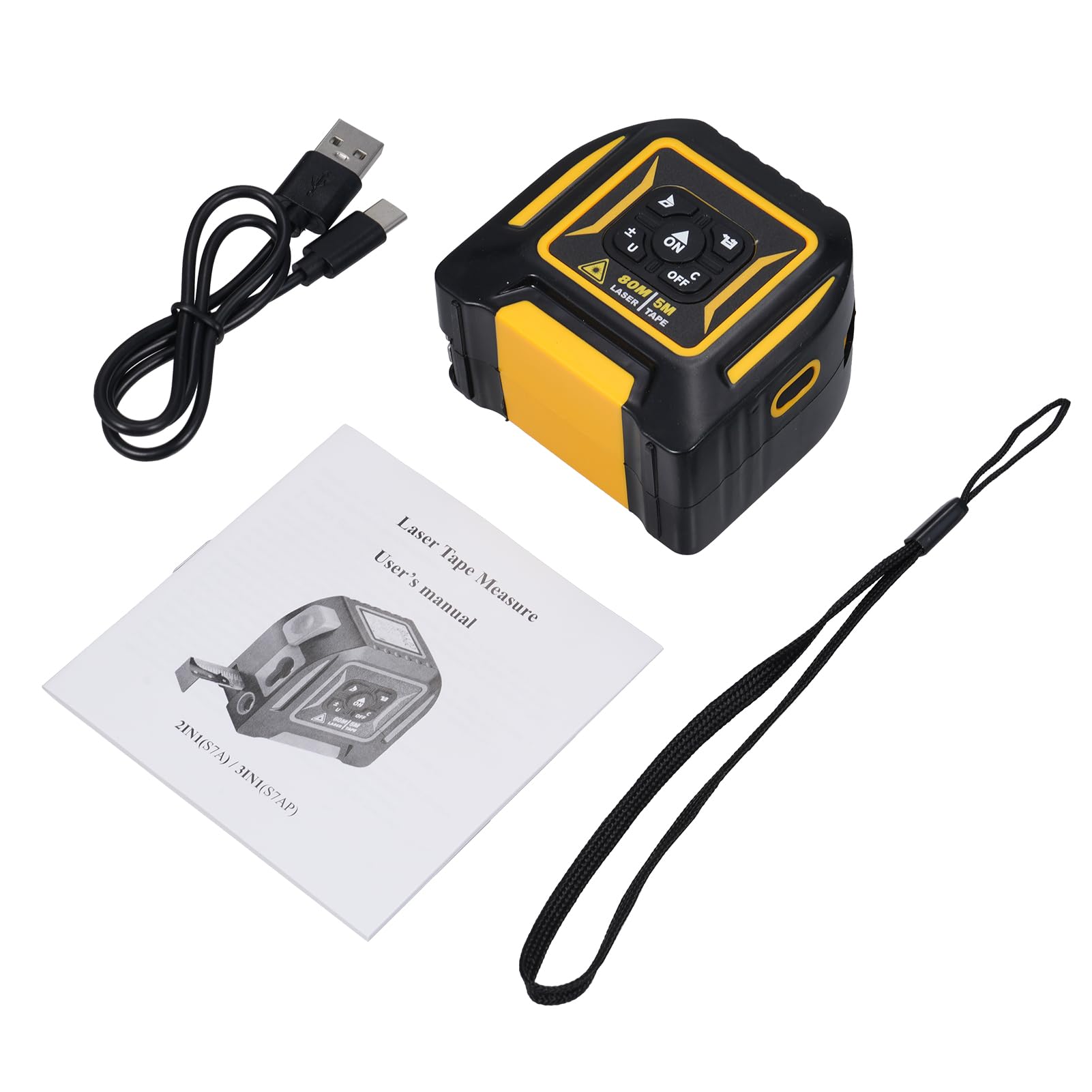 Mètre Ruban Polyvalent 2 en 1 avec Unités Commutables, Haute Précision, ABS Jaune/noir, Mètre Ruban en Acier 5M, 6 Modes, écran rétroéclairé, pour Professionnels/bricoleurs (80M)