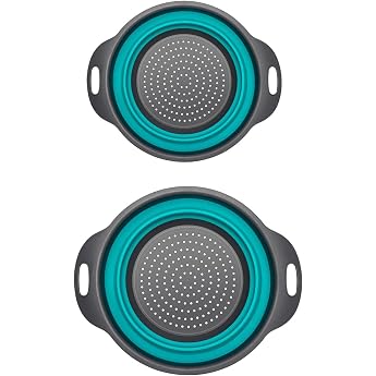 Pack of 2 Foldable Pasta Strainers Kitchen Strainer with Handle Foldable Silicone Filter Baskets Draining Strainer Space-Saving for Outdoors Camping Pasta Fruit Vegetables